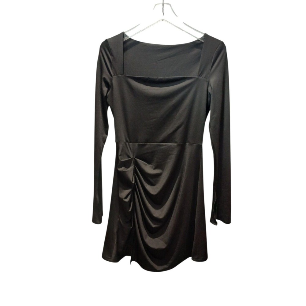 Womens Black Bodycon Dress Size M Long Sleeve Ruched MiniStretch Sexy Club Dress
